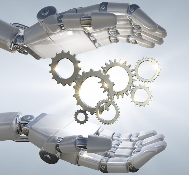 3D rendering robot hand holding metal 3D mechanical gear in light overlay background.
